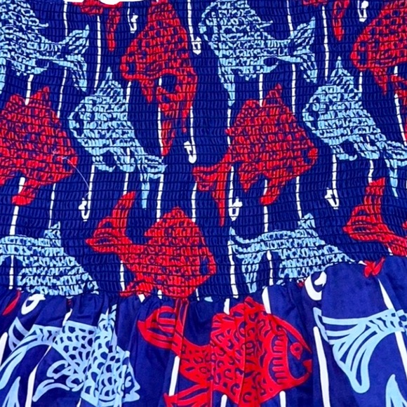 🆕 Classic Prep Hadley Mid-Dress. Fish Print. Smock Top with Tie Straps. Cotton - Picture 4 of 10